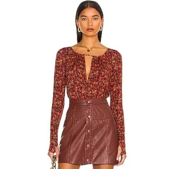 Free People Kaya Brown Floral Print Long Sleeve Bodysuit Boho Festival S $78 NWT - Picture 1 of 14